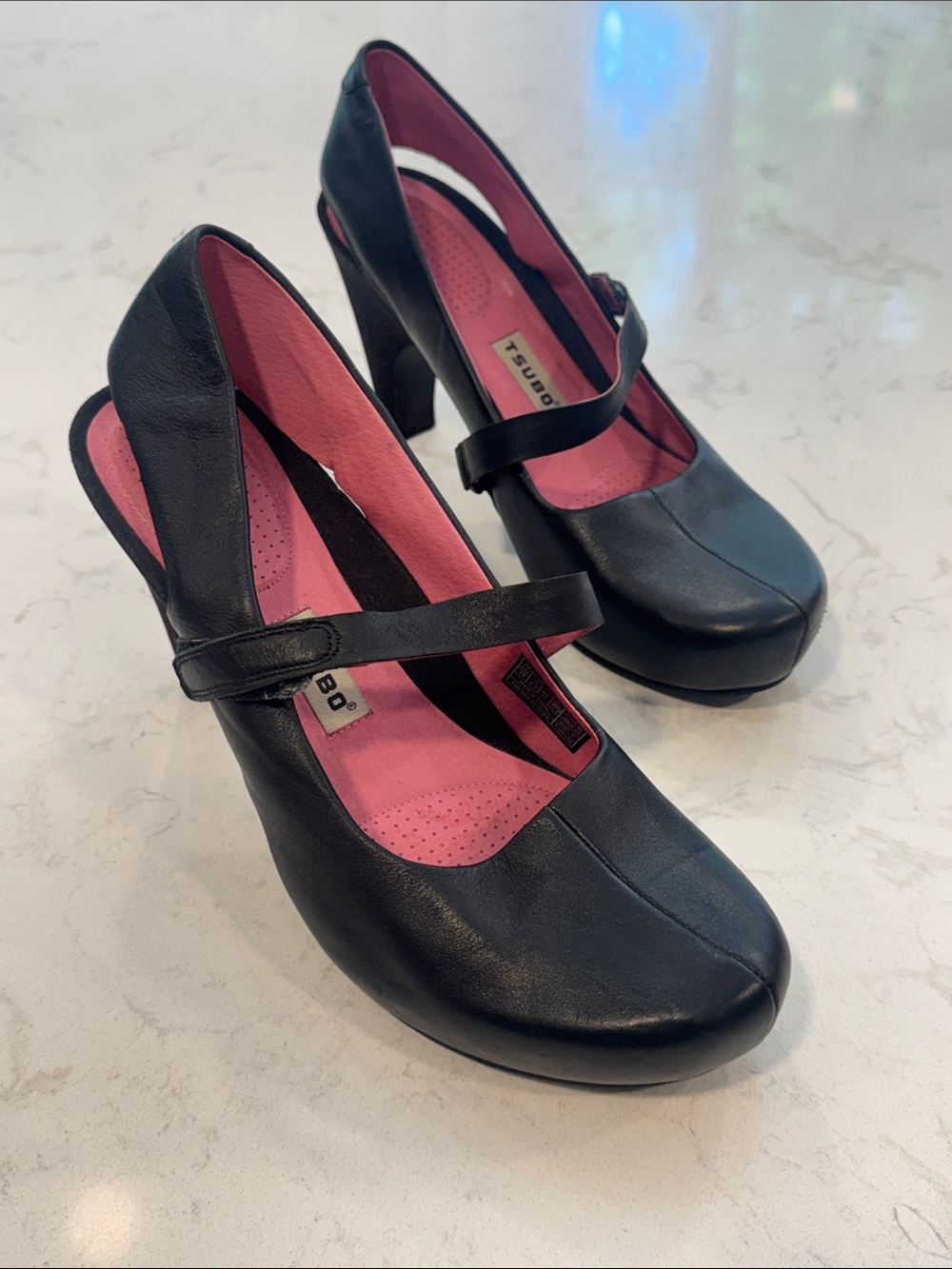 Tsubo Black Leather Mary Jane Slingback Heels with Pink Lining - Size 10